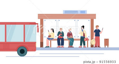 Passengers waiting for transport at bus stop flat style Passengers waiting for transport at bus stop flat style 91556933