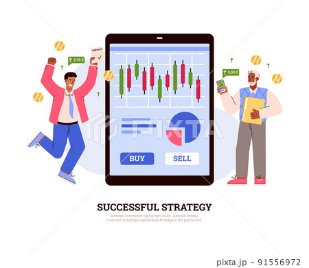 Successful strategy in stock or share market, stock exchange online with tablet, flat vector illustration on white. 91556972