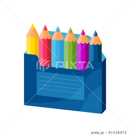 Color rainbow wooden pencils in blue box. Set of pencil for school and art. Colored crayons Vector illustration 91556973