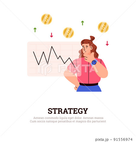 Woman looking at stock market financial chart, flat vector illustration isolated on white background. 91556974