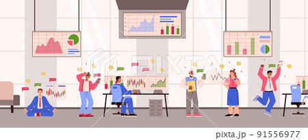 Stock traders checking financial charts, broker office - flat vector illustration. 91556977