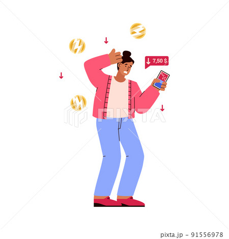 Panic woman trader character watching dollar fall on mobile app flat style 91556978