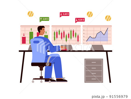 Male trader checking stock exchange graphs on multiple computer screens, flat vector illustration isolated on white. 91556979
