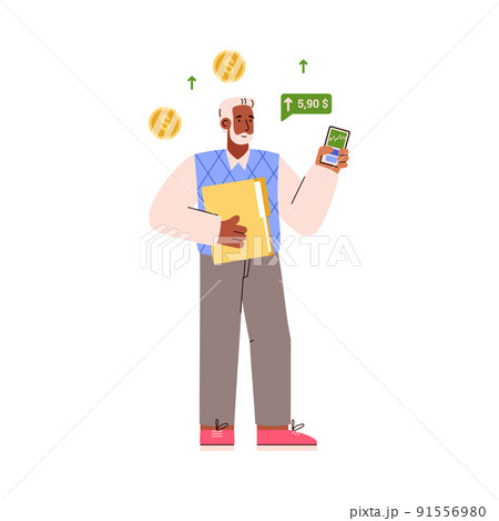Adult man trader character watching dollar rise in mobile application flat style 91556980