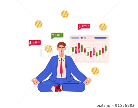 Business man or trader meditating while stock market changes, flat vector illustration isolated on white background. 91556982