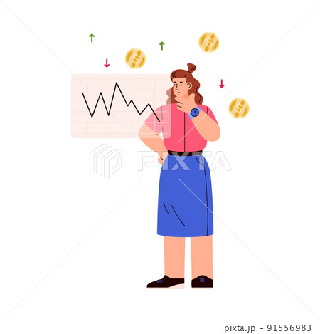 Thinking woman trader analyzes dollar value chart flat style, vector illustration 91556983