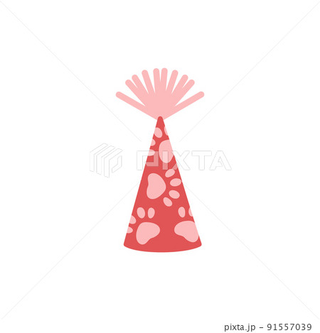 Red cone party hat with pink dog paws flat style, vector illustration 91557039