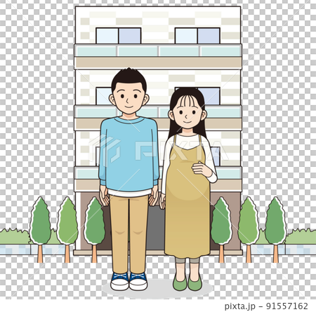 孕婦和丈夫站在公寓前,有輪廓線 孕婦和丈夫站在公寓前,有輪廓線 91557162