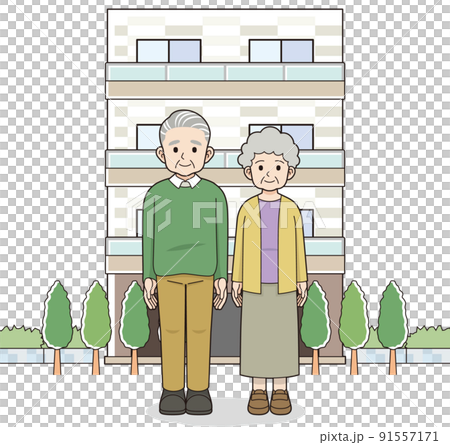 An elderly couple standing in front of the condominium with a contour line An elderly couple standing in front of the condominium with a contour line 91557171