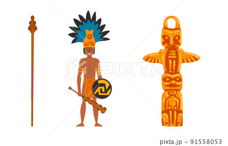 Maya Civilization Ethnic Symbols with Warrior Holding Shield and Bludgeon and Animal Totem Vector Set 91558053