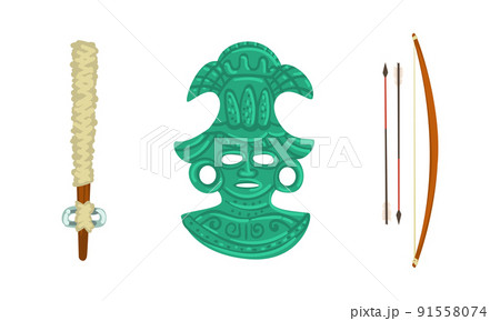 Maya Civilization Ethnic Symbols with Bludgeon, Bow with Arrows and Mask Vector Set 91558074