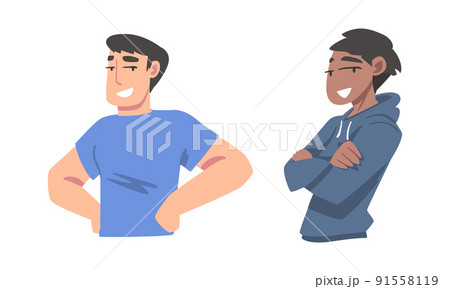 Confident Young Man and Woman Standing with Hands on Hips and Folded Arms Expressing Self Pride Vector Set 91558119