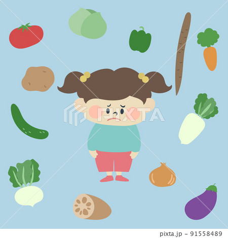 野菜が苦手な女の子のイラスト素材 91558489