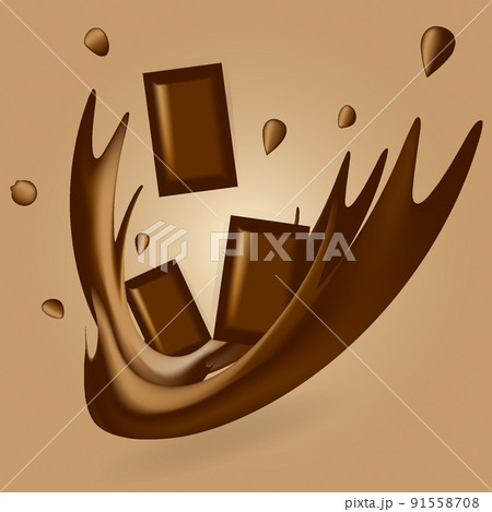 Falling chocolate pieces with chocolate splashes, drops and splash. 3d realistic vector food objects Falling chocolate pieces with chocolate splashes, drops and splash. 3d realistic vector food objects 91558708