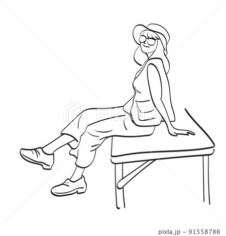 line art full length of woman sitting with glasses and hat illustration vector hand drawn isolated on white background line art full length of woman sitting with glasses and hat illustration vector hand drawn isolated on white background 91558786