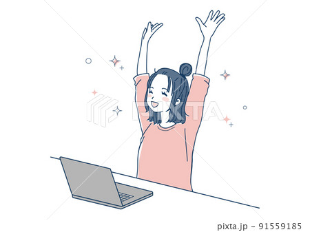 パソコンの前で喜ぶ女性のイラスト パソコンの前で喜ぶ女性のイラスト 91559185