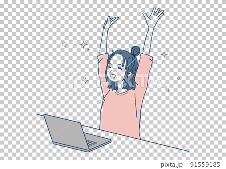 パソコンの前で喜ぶ女性のイラスト パソコンの前で喜ぶ女性のイラスト 91559185