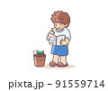 夏休みの宿題であさがお観察日記を書く小学生の男の子 91559714