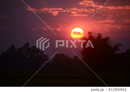 Scenic view dramatic beautiful sunset sky. Natural Sunset Sunrise on meadow silhouette shadow dark land. Vibrant dramatic sky on sunset, dawn, sunrise in Countryside. Landscape Colorful Sky At Sunset 91560902