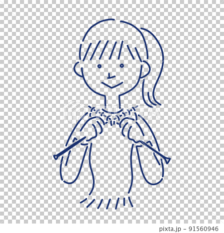 Line drawing illustration of a girl knitting a muffler Line drawing illustration of a girl knitting a muffler 91560946