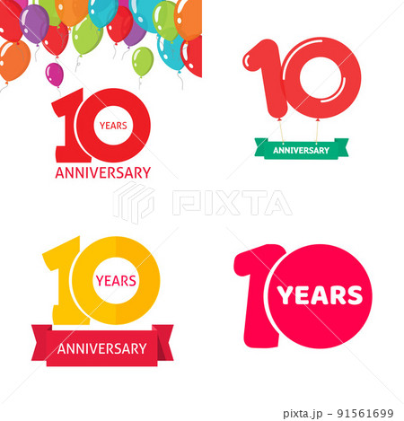 10 year anniversary number logo vector with balloon or ten guaranty warranty business icon, 10th birthday jubilee celebrating modern label ribbon or congratulation date logotype graphic 91561699