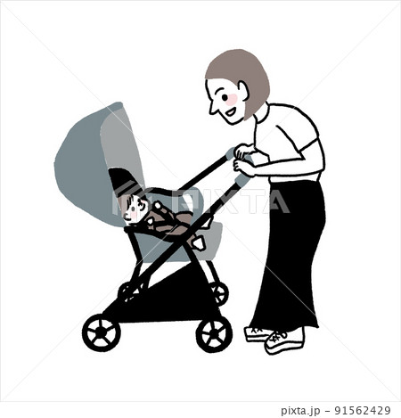 ベビーカーの赤ちゃんとママのイラストのイラスト素材