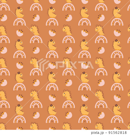 Cute vector kids seamless pattern with hand drawn girl dino, flower and rainbow on brown background. Creative childish illustration for fabric, textile 91562818