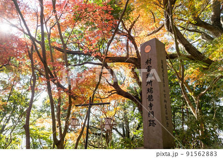 滋賀県近江八幡市　秋の紅葉が美しい八幡山の山頂にある村雲御所瑞龍寺門跡の碑 91562883