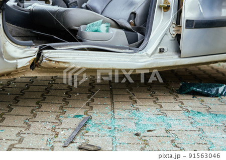 Wrecked car after crash traffic accident on road, Concept of dangerous driving after drinking alcohol Wrecked car after crash traffic accident on road, Concept of dangerous driving after drinking alcohol 91563046