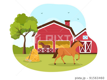 Horse Riding Cartoon Illustration with Cute People Character Practicing Horseback Ride or Equestrianism Sports in the Green Field 91563460