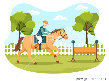 Horse Riding Cartoon Illustration with Cute People Character Practicing Horseback Ride or Equestrianism Sports in the Green Field 91563461