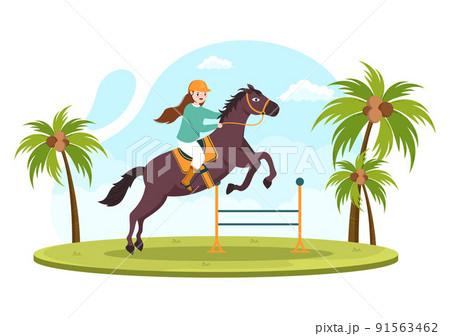 Horse Riding Cartoon Illustration with Cute People Character Practicing Horseback Ride or Equestrianism Sports in the Green Field 91563462
