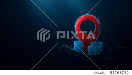 Red pin location and packages box on hand. Vector illustration Red pin location and packages box on hand. Vector illustration 91563719