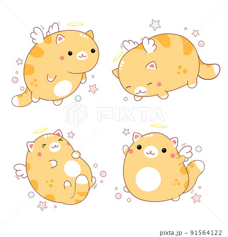 Set of cute little cats with angel wings and halo. Collection of lovely fat kittens with nimbus 91564122