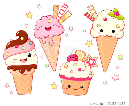 Set of ice cream characters in kawaii style with smiling face and pink cheeks for sweet design 91564125