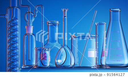 Glass chemistry lab equipment on blue background. Chemistry Lab concept. 3d  91564127