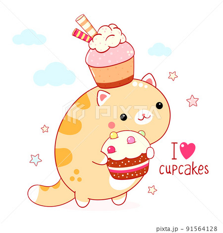 Cute square card in kawaii style. Funny fat cat with cupcakes. Inscription I love cupcakes 91564128