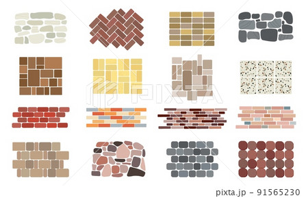 Natural stone textures. Italian square stones wall, granite block and cobble rock floor. Interior terrazzo pattern tiles, cartoon red bricks and marble decent vector set 91565230