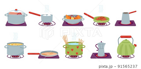 Cooking in pan. Pots and pans on gas stove or burner. Isolated hot cook kitchen process. Frying and boil in crockery, food in cookware decent vector set Cooking in pan. Pots and pans on gas stove or burner. Isolated hot cook kitchen process. Frying and boil in crockery, food in cookware decent vector set 91565237