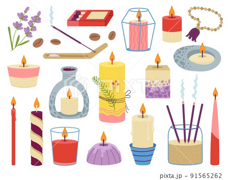 Meditation elements and candles. Candle clipart, home aromatherapy for relax. Aroma stick, yoga relaxation tools. Cozy lifestyle decent vector collection 91565262