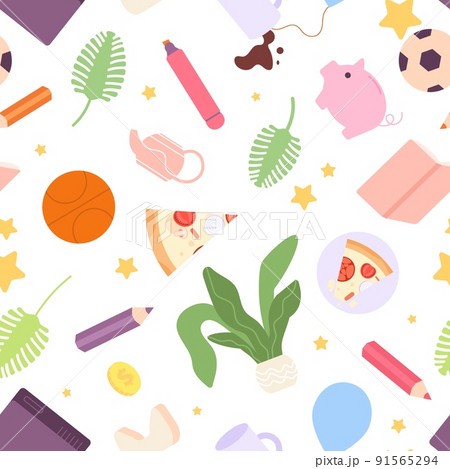 Diverse things. Food and drink, office tools and plants. Book, coffee and flat leaves, print for cloth. Money, yellow star, piggy bank vector seamless pattern 91565294