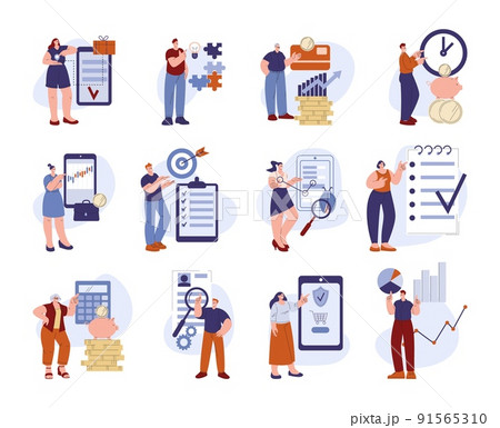 Business people point at time management and financial elements. Accounting, man woman indicate direction at checklist, deadline or store. Kicky smart vector characters 91565310