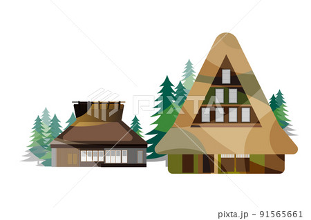 古民家のある美しい日本の山里の風景。収穫の秋、稲刈りに励む人々。日本の古民家、合掌造りと美しい山 91565661