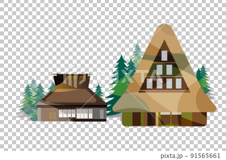 A beautiful Japanese mountain village with an old folk house. People working hard to harvest rice in the fall of harvest. Japanese old folk house, gassho-zukuri and beautiful mountains 91565661