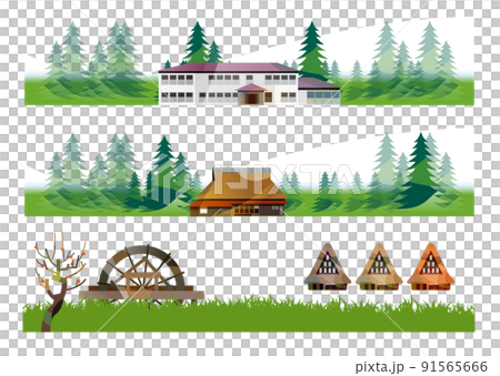 A beautiful Japanese mountain village with an old folk house. People working hard to harvest rice in the fall of harvest. Japanese old folk house, gassho-zukuri and beautiful mountains A beautiful Japanese mountain village with an old folk house. People working hard to harvest rice in the fall of harvest. Japanese old folk house, gassho-zukuri and beautiful mountains 91565666