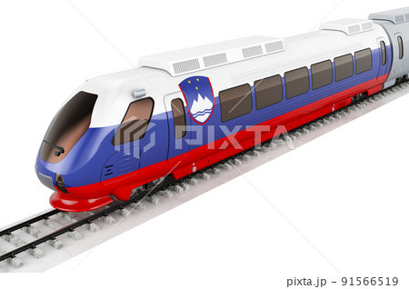 Slovenian flag painted on the high speed train. Rail travel in the Slovenia, concept. 3D rendering 91566519