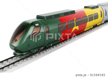 Cameroonian flag painted on the high speed train. Rail travel in the Cameroon, concept. 3D rendering Cameroonian flag painted on the high speed train. Rail travel in the Cameroon, concept. 3D rendering 91566585