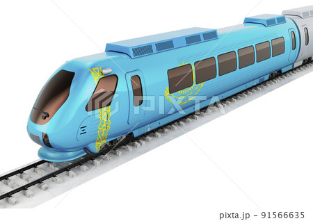 Kazakh flag painted on the high speed train. Rail travel in the Kazakhstan, concept. 3D rendering Kazakh flag painted on the high speed train. Rail travel in the Kazakhstan, concept. 3D rendering 91566635