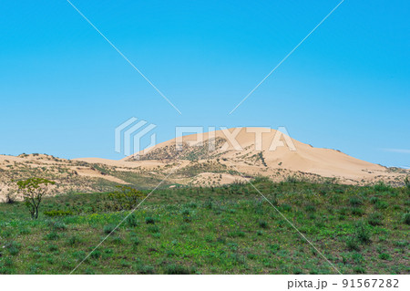 semi-arid landscape in the vicinity of the Sarykum sand dune 91567282