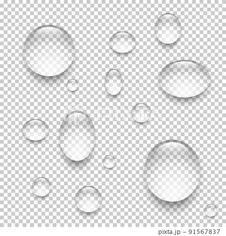 Water drops set on transparent background. Liquid droplets of rain and dew vector illustration. Wet clear aqua in light. Abstract pure fresh nature elements, realistic macro design 91567837